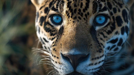 A magnificent jaguar displaying beautiful blue eyes gazes directly at the viewer. The lush green foliage of the jungle surrounds it highlighting its stunning fur pattern.の素材