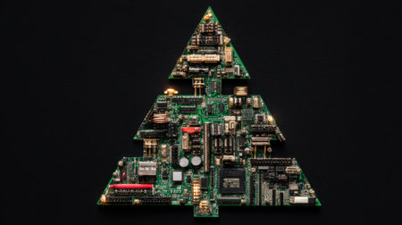 A unique design created with a circuit board that mimics the shape of a Christmas tree. This arrangement features various electronic components and is set against a dark backdrop.の素材