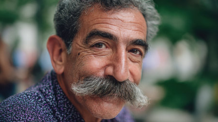 An elderly man with a prominent mustache shares a smile in a vibrant outdoor space genuine. Greenery and soft lighting enhance the cheerful atmosphere.の素材