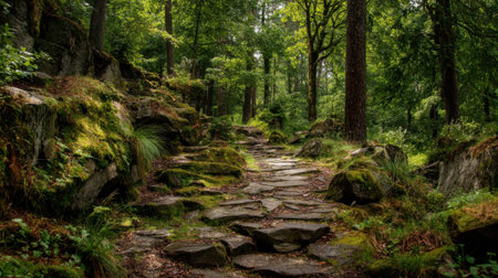 A peaceful hiking trail winds through a verdant forest showing tall trees and moss-covered rocks under soft sunlight. Nature thrives in this tranquil setting perfect for outdoor enthusiasts.の素材
