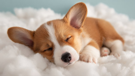 A small brown and white dog is sleeping on a fluffy white blanket. The dog has its eyes closed and its ears are folded. Concept of peace and relaxation, as the dog is in a comfortableの素材