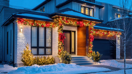 This charming home features a lovely front entrance adorned with holiday decorations including bright lights and colorful greenery. Snow covers the ground creating a picturesque winter scene.の素材