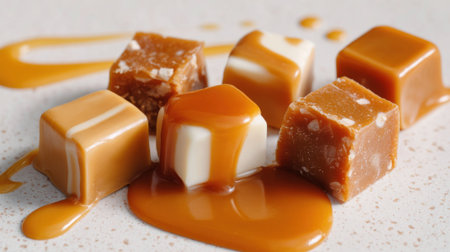 Caramel squares are arranged on a smooth surface some surrounded by a rich creamy drizzle. The scene captures a moment of indulgence and sweetness that pleases the feelings.の素材