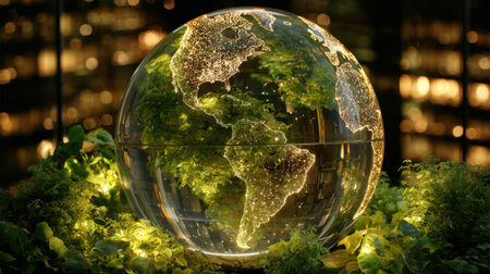 A globe with a green forest on it. The globe is lit up with lights and surrounded by plantsの素材