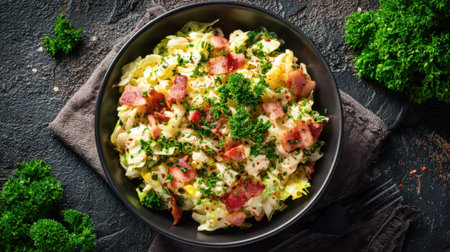 A black bowl filled with a delicious and healthy meal consisting of bacon and parsley. The parsley is sprinkled on top of the bacon, adding a pop of color and freshness to the dishの素材