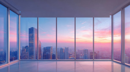 A vibrant sunset paints the skyline in shades of pink and orange. Tall buildings create a striking silhouette against a colorful sky seen from a spacious interior.の素材