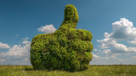 A massive bush shaped like a thumbs up stands prominently in a sunny field. Fluffy clouds drift across the blue sky creating a cheerful outdoor scene.の素材