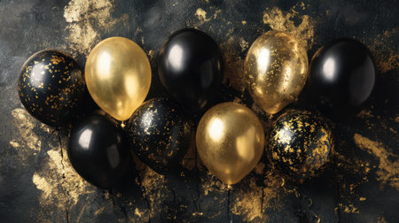 A bunch of gold and black balloons on a black background. The balloons are scattered and some are in the airの素材