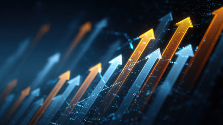 Bright arrows in blue and orange show increasing trends in financial data. The scene represents market growth and positive analytics.の素材
