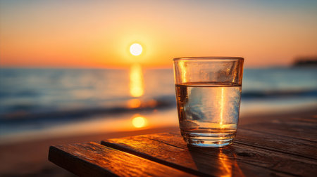 A glass of clear water sits on a wooden table as the sun sets over the ocean. Warm colors fill the sky and gentle waves create a peaceful atmosphere.の素材