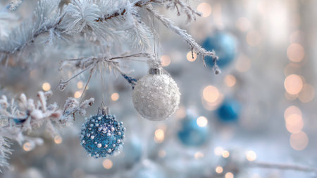 Winter decorations adorn a frosty tree. Shimmering blue and white ornaments hang from icy branches creating a serene festive atmosphere with soft glowing lights in the background.の素材
