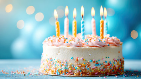 A cake with six lit candles on it, with sprinkles on top. The cake is decorated with pink frosting and is placed on a blue tableの素材