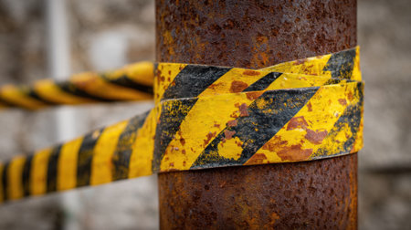 A rusty metal pole with a yellow and black striped rope tied to it. The rope is tied in a way that it is not secure and could easily come looseの素材