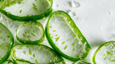 A close up of a bunch of green aloe vera leaves. The leaves are cut in half and have a green and white patternの素材