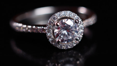 A beautiful engagement ring featuring a large round diamond center stone surrounded by smaller diamonds. The setting shines brightly against a black surface showing its elegance.の素材