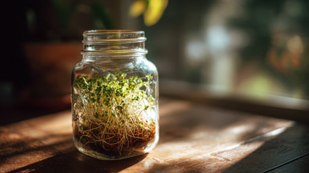 A jar filled with green plants sits on a wooden table. The jar is filled with a variety of plants, including some that are sprouting from the soilの素材
