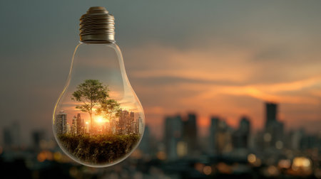 A light bulb with a tree inside of it. The light bulb is surrounded by a cityscapeの素材