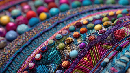 A colorful piece of fabric with many beads on it. The beads are of different colors and sizes, and they are arranged in a way that creates a patternの素材