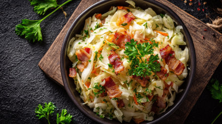 A bowl of bacon and cabbage on a wooden table. The bacon is cooked and the cabbage is fresh. The bowl is full and the food looks deliciousの素材