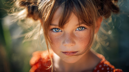 A young girl with blue eyes and red hair is wearing a red dress. She has a scruffy look to her hair and is looking directly at the cameraの素材