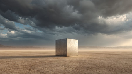 A silver cube is standing in a desert with a cloudy sky above. Scene is somber and desolate, with the vast emptiness of the desert and the gray clouds overheadの素材