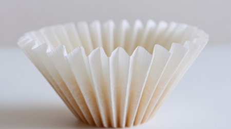 A white paper cupcake wrapper is shown in a close up. The wrapper is brown and has a slightly crumpled appearance. The cupcake wrapper is placed on a white surface, which gives it a cleanの素材