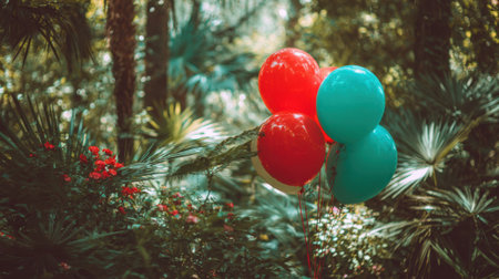 Bright red and turquoise balloons are tied together floating above vibrant flowers in a lush forest. The scene captures the beauty of nature on a sunny afternoon.の素材