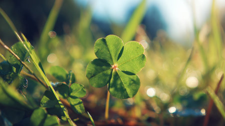 A green leaf with a diamond shape in the middle. The leaf is surrounded by grass and is in the sunlightの素材