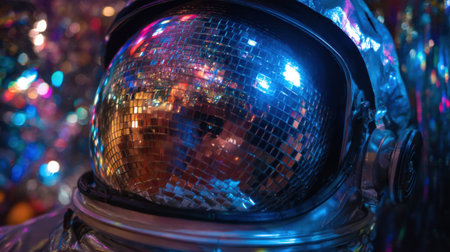 A person is wearing a space suit and looking into a mirror. The mirror is reflecting the person's face and the surrounding environment. The image has a futuristic and otherworldly feel to itの素材