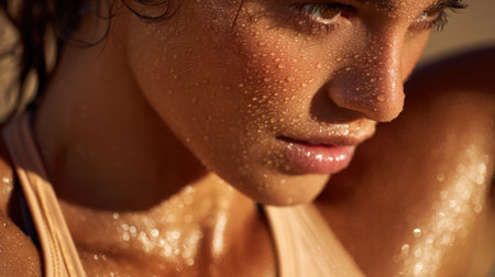 A woman with wet hair and a tan tank top. She has a dewy look on her faceの素材