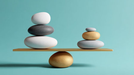 A stack of rocks on a balance scale. The scale is tilted to one side. The rocks are of different sizes and colors. Concept of balance and harmonyの素材