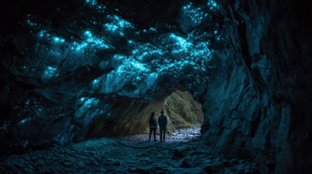 Two people standing in a cave with glowing blue lights. The cave is dark and the lights are shining brightlyの素材