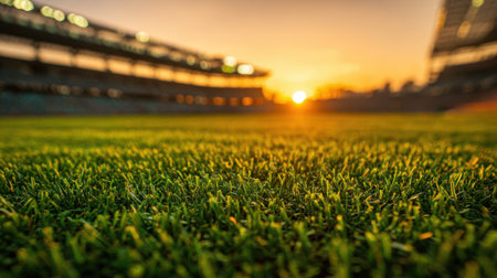 A field of green grass with a sun setting in the background. The sun is low on the horizon, casting a warm glow over the field. The grass is lush and well-maintainedの素材