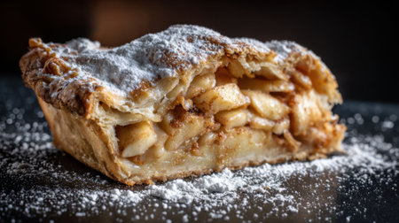 A slice of apple pie with powdered sugar on top. The pie is cut in half and the filling is visibleの素材