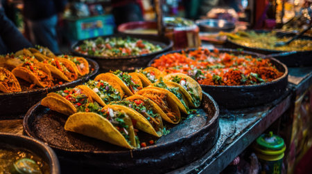 A table full of Mexican food, including tacos and other dishes. The table is set up for a party or gatheringの素材