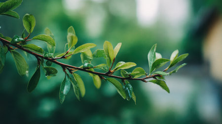 A leafy branch with a few drops of water on it. The leaves are green and the branch is thinの素材