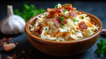 A bowl filled with a delicious coleslaw made with bacon and parsley. The coleslaw is served in a wooden bowl, giving it a rustic and inviting appearance. The bacon adds a savoryの素材