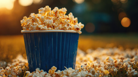 A blue bucket filled with fresh popcorn sits on green grass surrounded by scattered kernels. The scene is illuminated by a warm sunset creating a cozy atmosphere perfect for gatherings.の素材