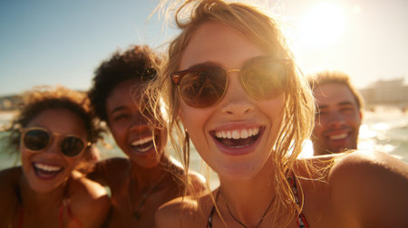 Four friends smile widely as they take a selfie under the bright sun at the beach. The water sparkles behind them creating a fun and lively atmosphere perfect for summer.の素材
