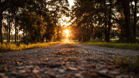 A gravel road stretches into the distance framed by tall trees as the sun sets. The warm light filters through the branches creating a serene atmosphere.の素材
