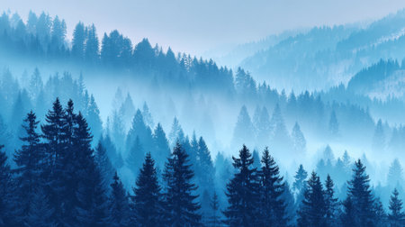 Tall evergreen trees rise from a foggy valley creating a serene blue hue across the landscape. The soft morning light enhances the peaceful atmosphere in the mountains.の素材