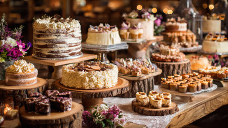 A table full of cakes and pastries with a floral arrangement on top. Scene is celebratory and festiveの素材