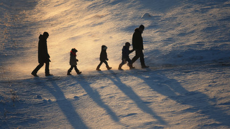 A family of four is walking on a snowy path. The children are wearing coats and hats, and the adults are holding their hands out to help them. The scene is peaceful and sereneの素材