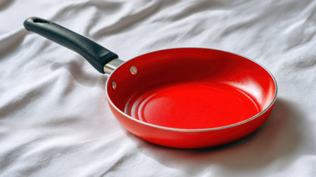A bright red frying pan sits on a white smooth surface. The pan features a sturdy black handle and a shiny interior ready for cooking delicious meals.の素材