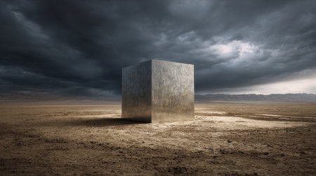 A silver cube is standing in a desert. The sky is dark and cloudy, and the landscape is barren and desolate. The cube appears to be a symbol of something, but its exact meaning is unclearの素材