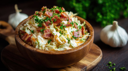 A bowl of food with bacon and parsley on top. The bowl is on a wooden cutting boardの素材