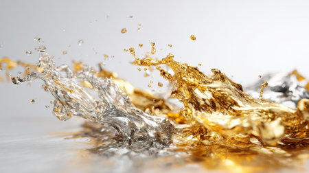Dynamic water splashes form captivating shapes in shades of silver and gold creating an artistic display during a still life photography session in a bright studio setting.の素材