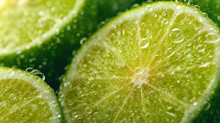 Slices of fresh limes are displayed with clear water droplets on their surfaces. The bright green color and juicy texture suggest freshness ideal for cocktails or culinary use.の素材
