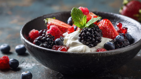 A bowl of fruit with blueberries, strawberries, and blackberries. The bowl is black and the fruit is fresh and colorfulの素材