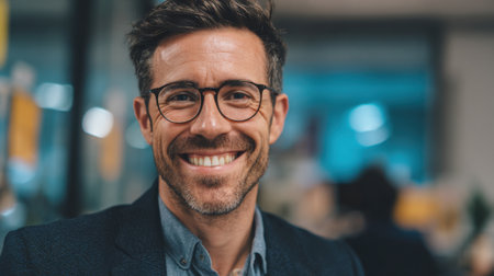 A man with short hair and glasses smiles warmly while seated at a cafe. The setting has a cozy atmosphere with soft lighting and people in the background suggesting a lively evening.の素材